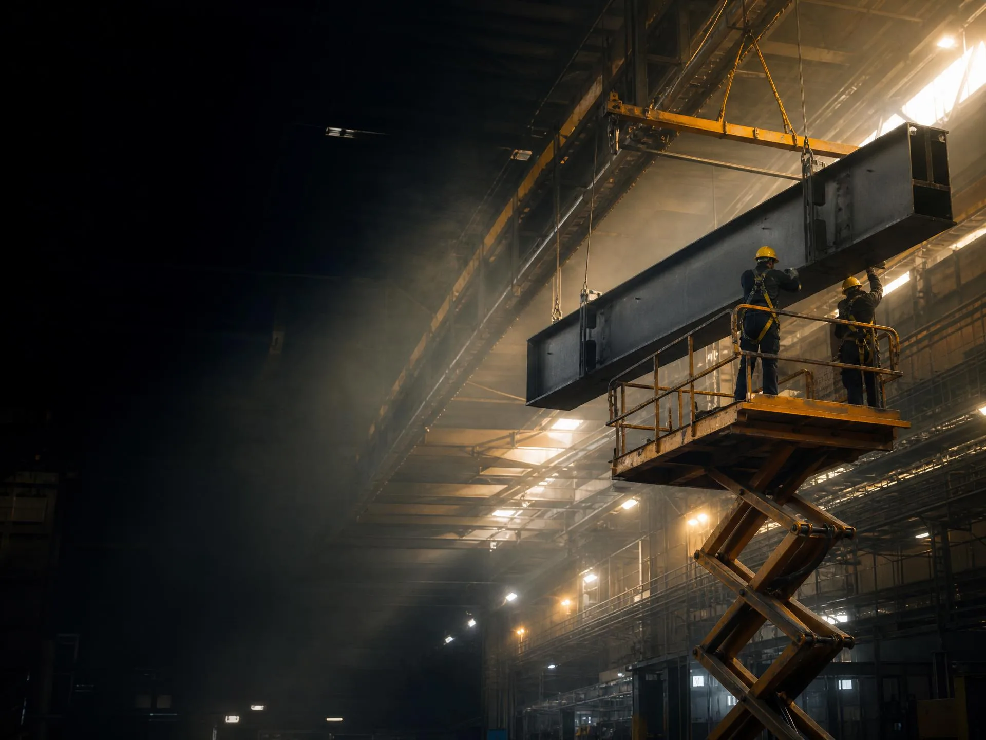 Axfalks montörer på skylift lyfter en traversbalk på plats i en industrihall i Linköping